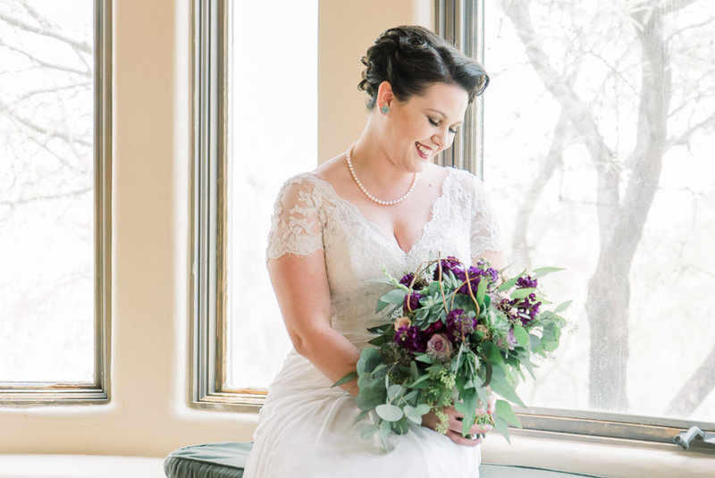 Elegant Tucson Desert Wedding Photo of Bride and Purple Bouquet | Tucson Wedding Photographer | West End Photography