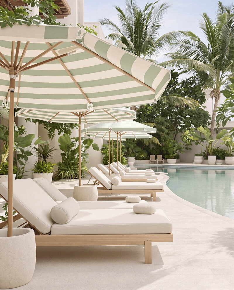 Inviting resort pool cabanas representing relaxing destinations planned by Tailored Oasis Travel Co.