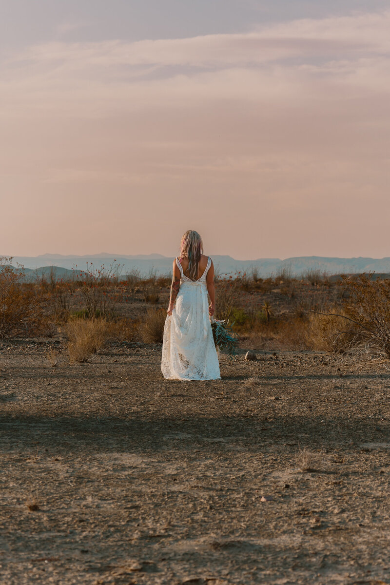 Bride standing alone in a flowing white gown at Big Bend State Park in West Texas during sunset, surrounded by vast desert landscapes.