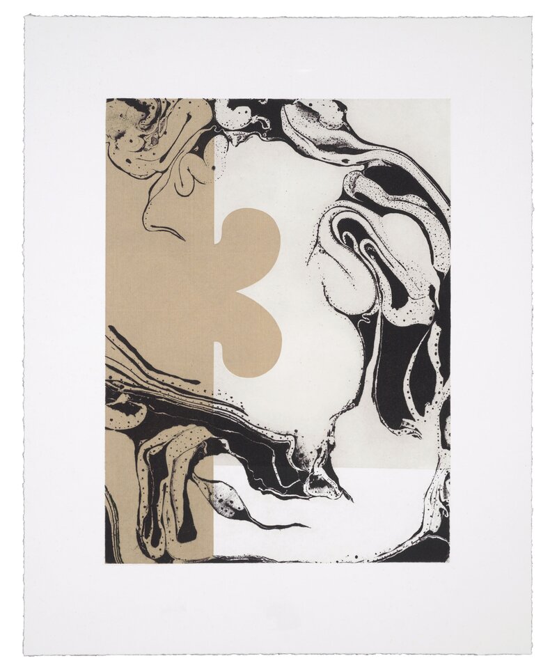 Marbled aquatint etching by Solange Roberdeau, combining soft beige and black swirling forms with a bold abstract numeral three.