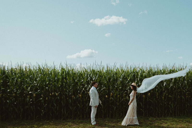 bride and groom retro cornfield portrait