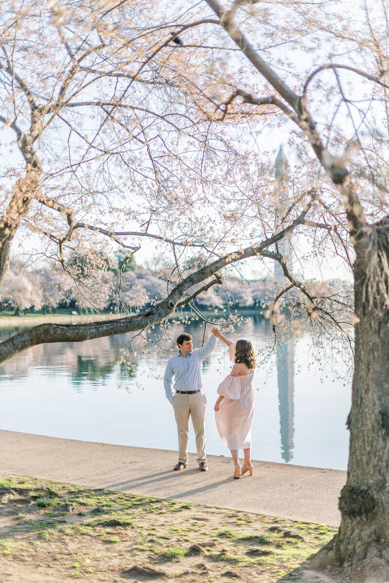 Bride and groom walk up memorial steps at their DC wedding