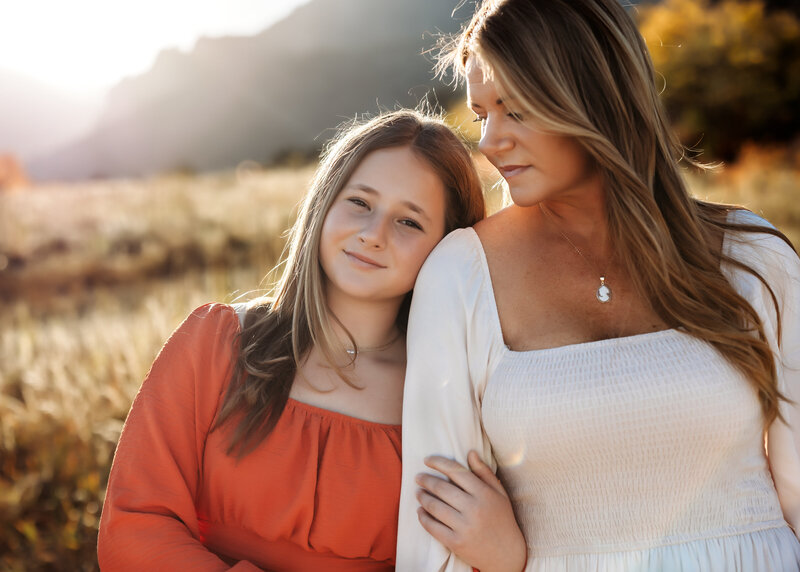 Mother daughter portrait during golden hour in Colorado at sunset