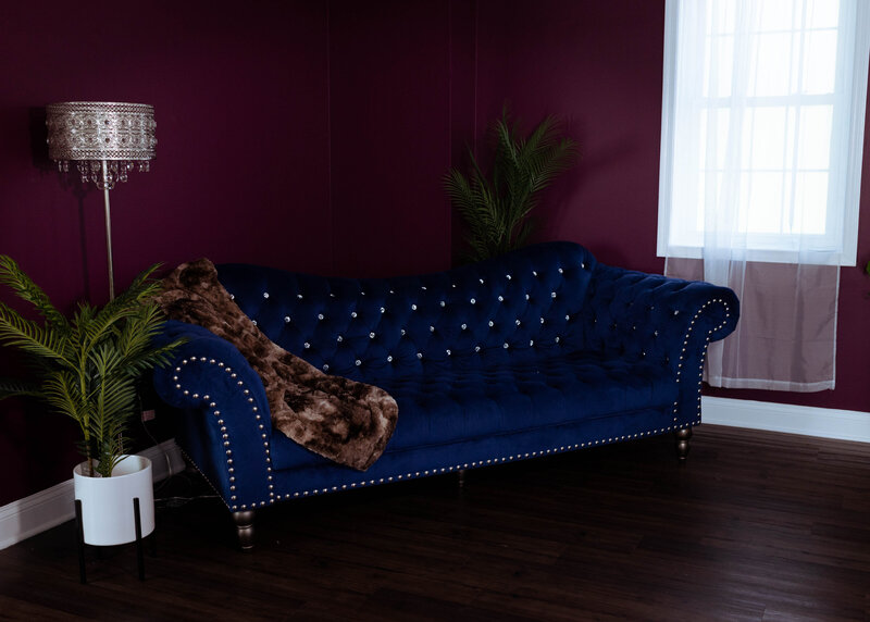 boudoir studio in elkridge md with blue couch and animal rug