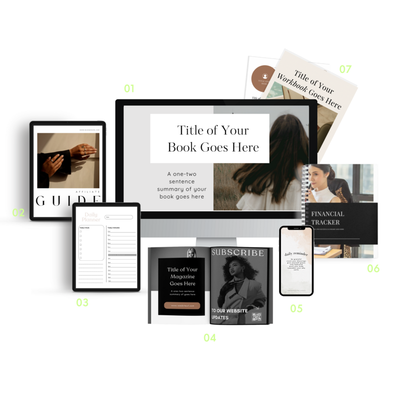 Preview of 7 Done-for-You Canva templates included in the Passive Product Bundle