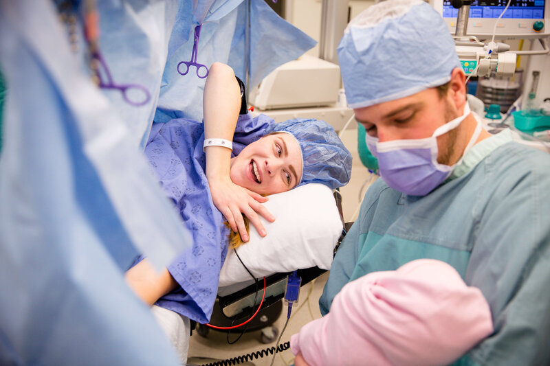 Victoria Hospital c-section. Mom is elated to meet her newborn baby.