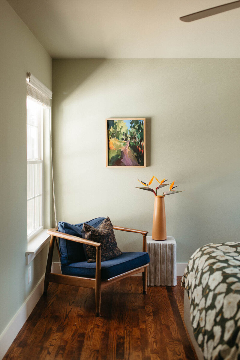 Modern, energetic bedroom, designed by Hope Miriam Designs in DFW