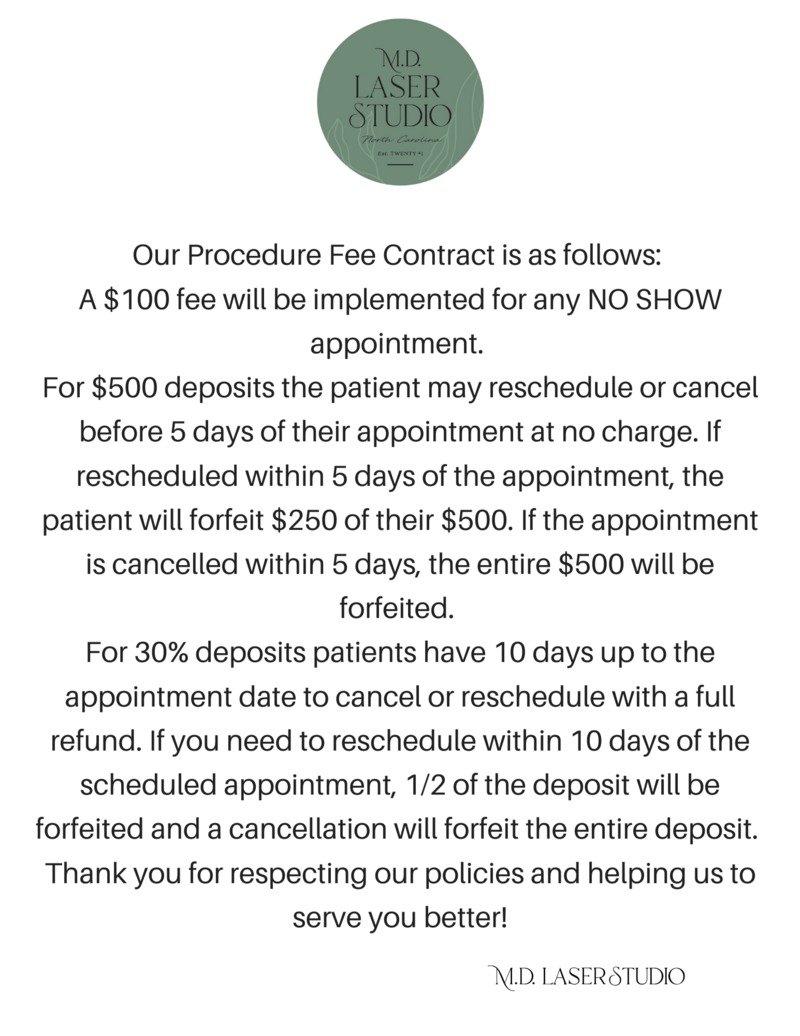 Our Procedure Fee Contract is as follows A $100 fee will be implemented for any NO SHOW appointment. For $500 deposits the patient may reschedule or cancel before 5 days of their appointment at no charge. If res (1)