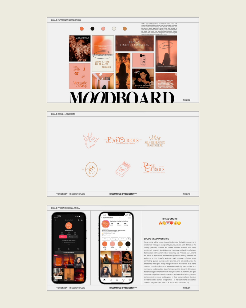 Bold and empowering feminine brand identity design for ByeCurious, a Phoenix-based digital product brand created by Her Higher Standard Design Studio, specializing in strategic branding and Showit web design for women entrepreneurs.