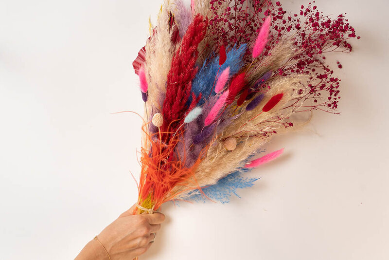 bouquet de pampas roses rouges bleues