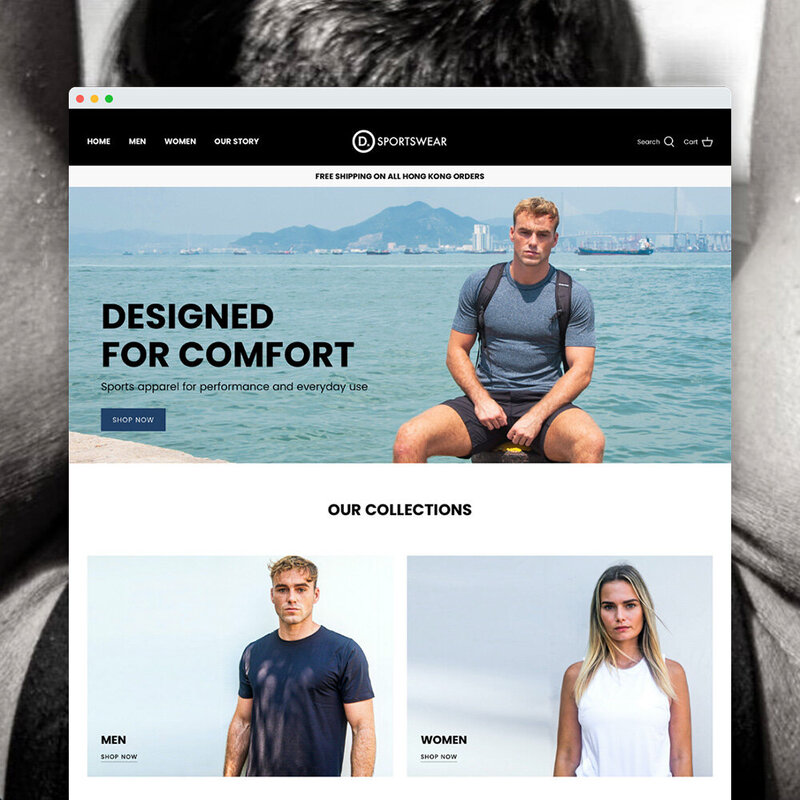 eCommerce Shopify website for activewear brand, DxSportswear, in sleek and minimalist layout design featuring men’s and women’s collections.