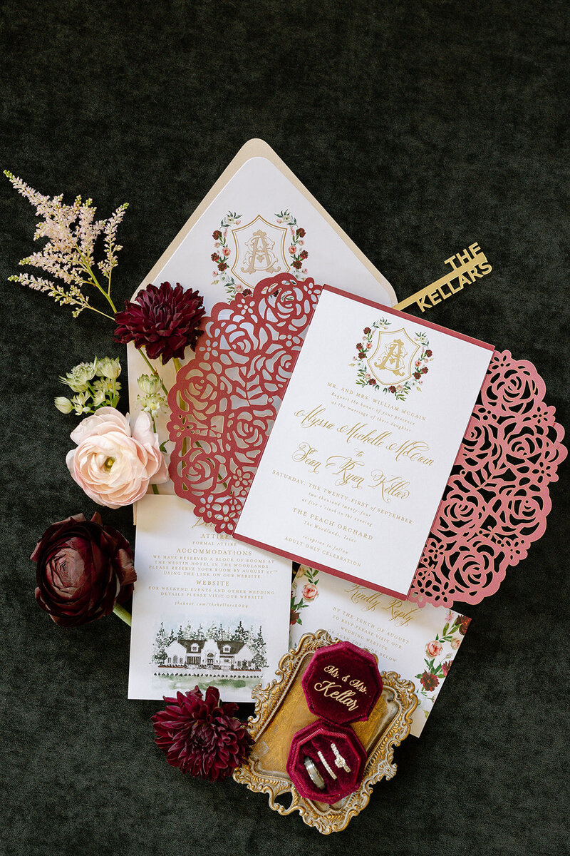 Luxury wedding invitation suite and details styled by Westmore Events Houston.