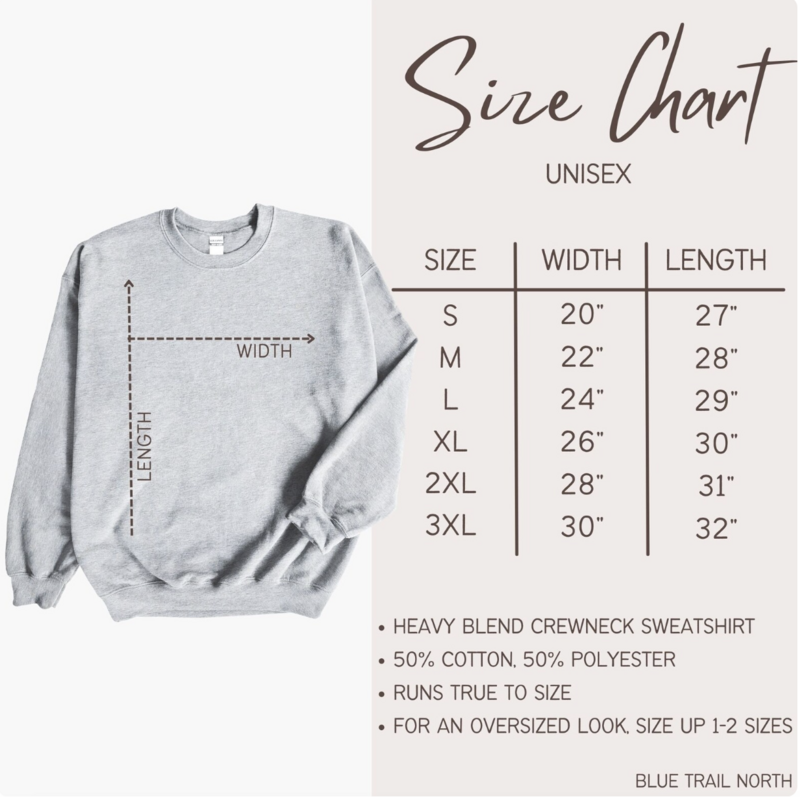 Grand Canyon National Park Sweatshirt- Size Chart