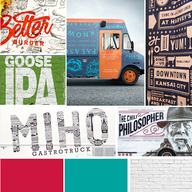 red & teal hipster mood board for burger food truck