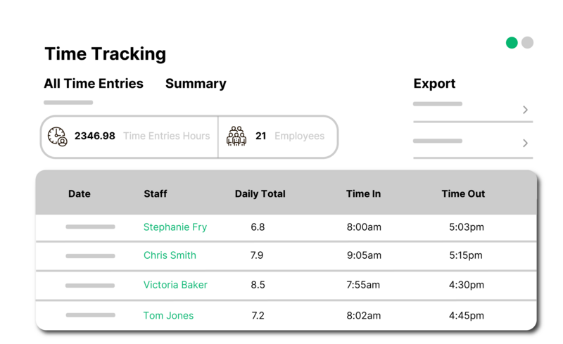 Time tracking home screen for childcare employees.