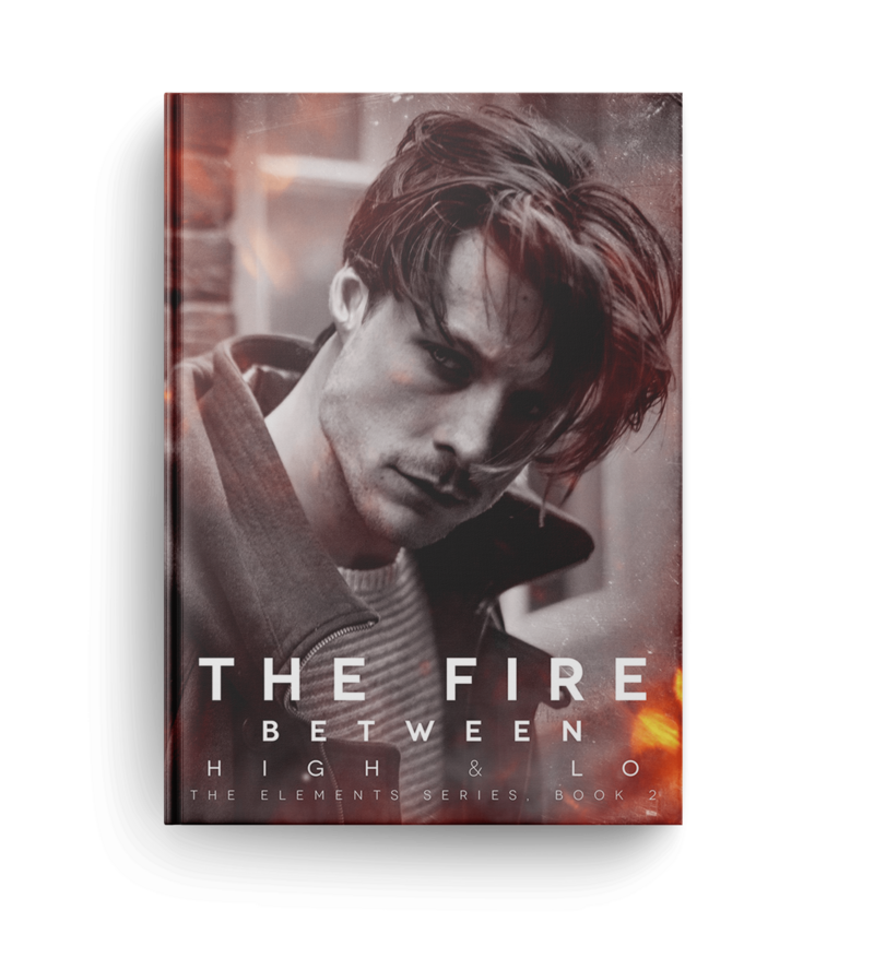 man in a dark coat and striped white shirt looks to the side on the cover of the fire between high and low by romance author brittainy cherry