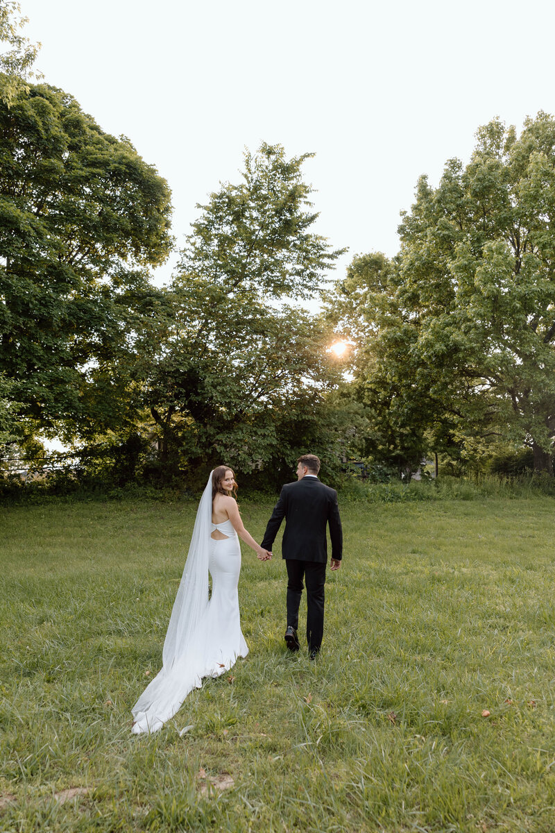 Wedding couple walking with two dogs