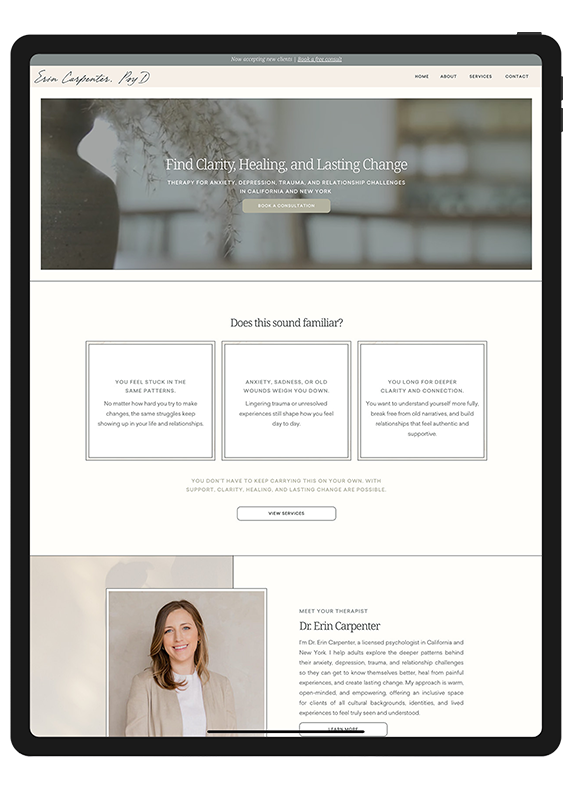 Website design for a virtual therapist, featuring calming colors and user-friendly navigation for clients seeking support.