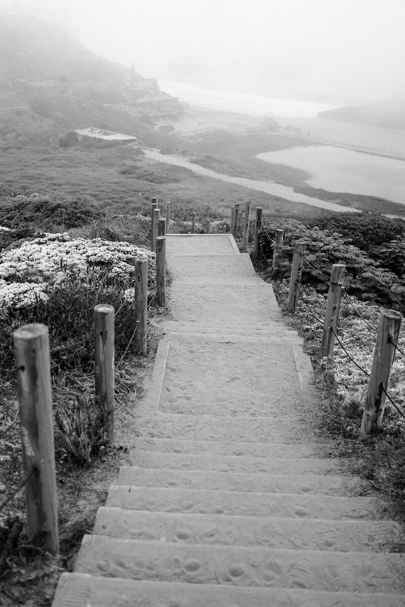 A captivating black and white image of a scenic pathway leading to the beach at Big Sur, California, captured by Tiffany Longeway Photography.