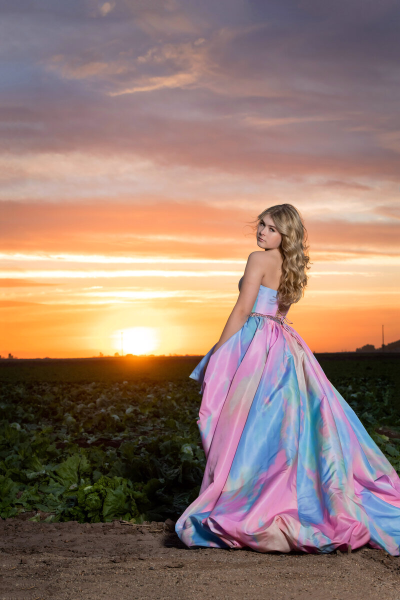senior girl in pink dress with sunset