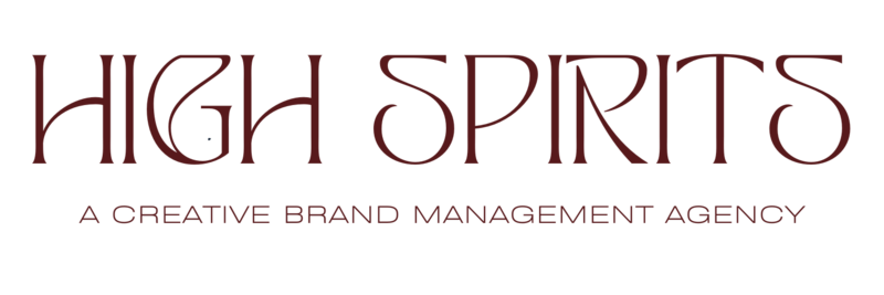 Logo of "High Spirits" with the tagline "A Creative Brand Management Agency," presenting an opportunity to hire an online business manager in a distinctive, artistic font.