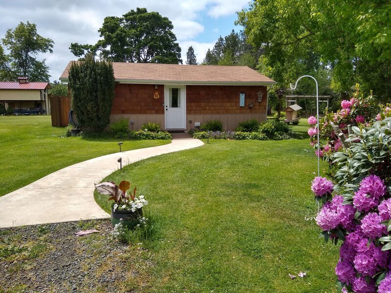 Blooming flowers, green grass and a cozy countryside cottage.