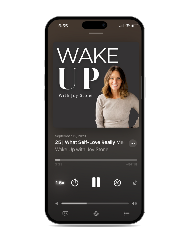 An iphone featuring an episode being played on the Wake Up with Joy Stone Podcast