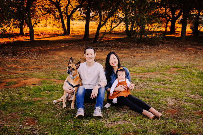 family photographer, a family of four sits on the grass with their dog and smiles
