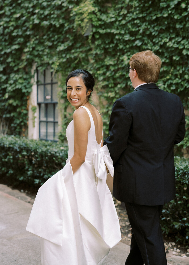 Bride and groom walking together after wedding ceremony