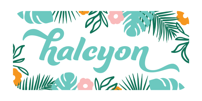 Halcyon Online Therapy Secondary Logo, with the word "halcyon" bordered by tropical plant illustrations