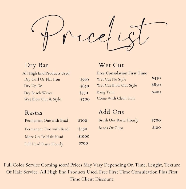 La Diosa Beauty Salon hair service price list in Sayulita, detailing haircut, color, blowout, and styling options for clients seeking professional hair care.