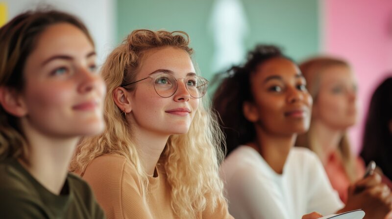 Students attentively listening in a classroom — diverse group of young adults focused on learning