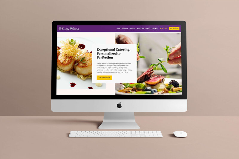 Desktop mockup of the Simply Delicious Catering website featuring vibrant food imagery and a bold eggplant-and-gold color palette.