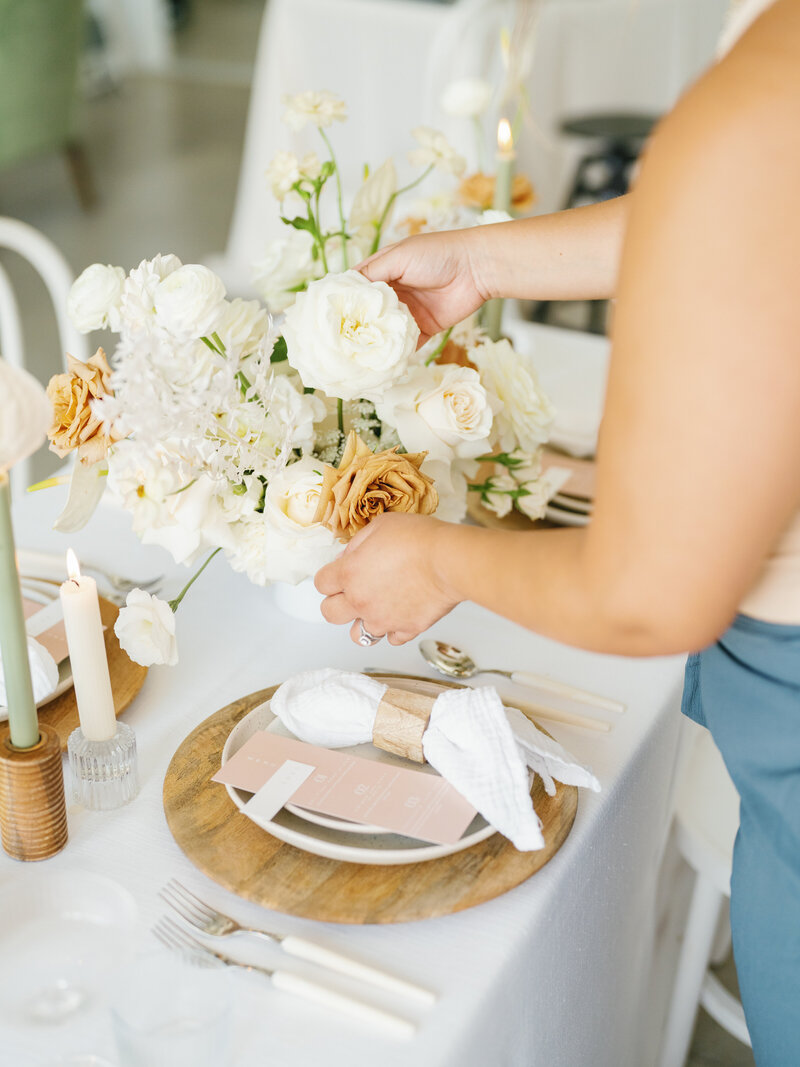 Colorful wedding invitation suite with turquoise, orange, and yellow details, modern die-cut cards, vintage stamps, and playful floral accents, styled by Eventive Designs.

