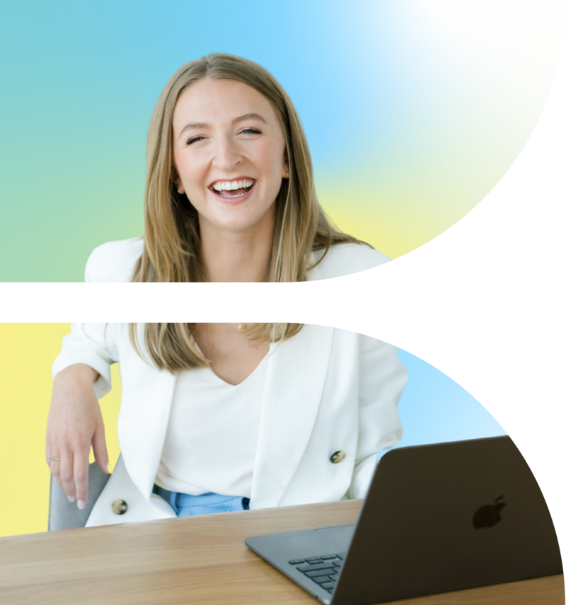 Photo of Audrey sitting at a table with her laptop on a blue and yellow gradient background in curved shaped frames