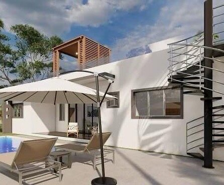 White luxury villa with patio umbrella and modern finishes available for virtual viewing