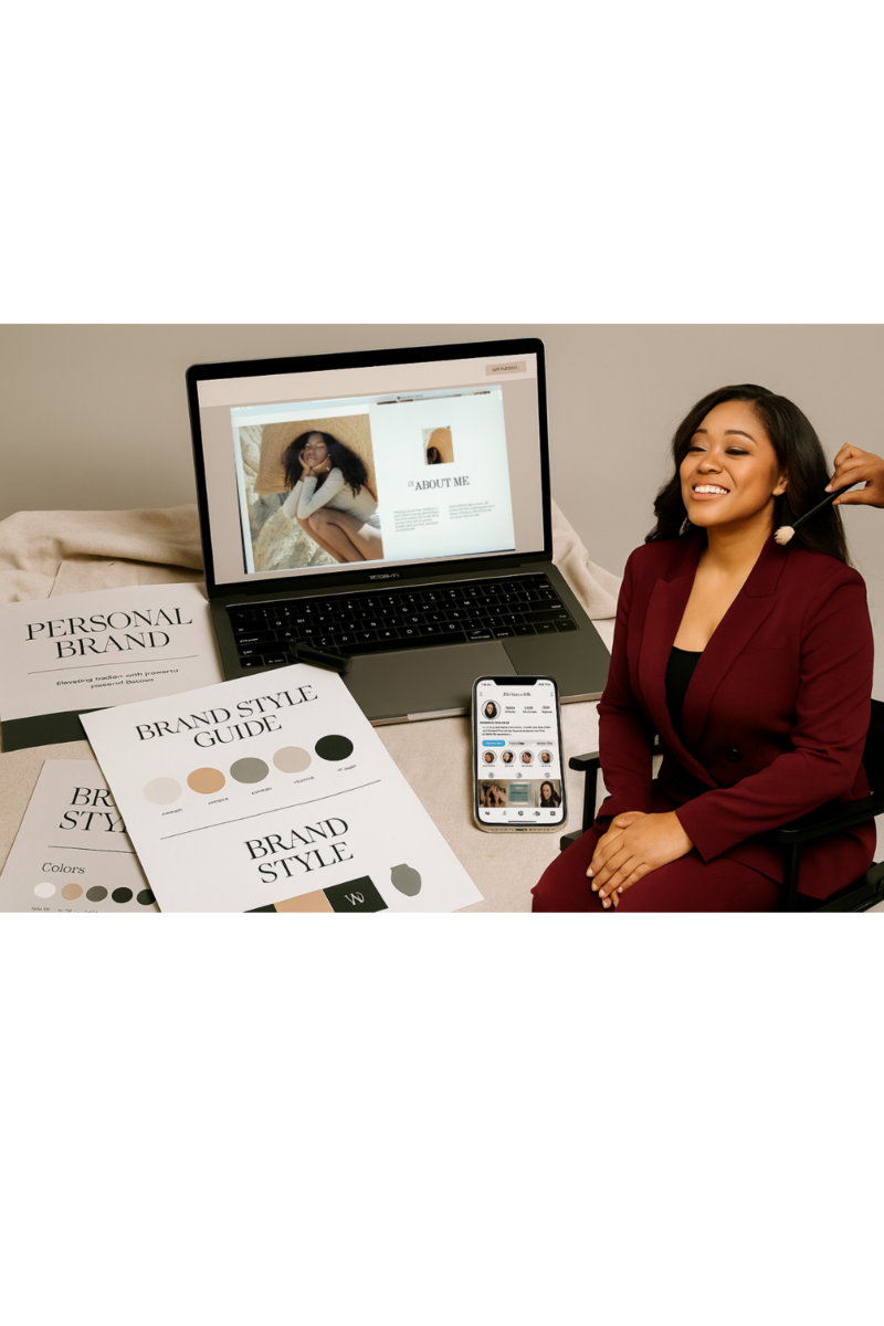 Visual mockup showing headshots, website design, social media profiles, and content planning for personal branding.