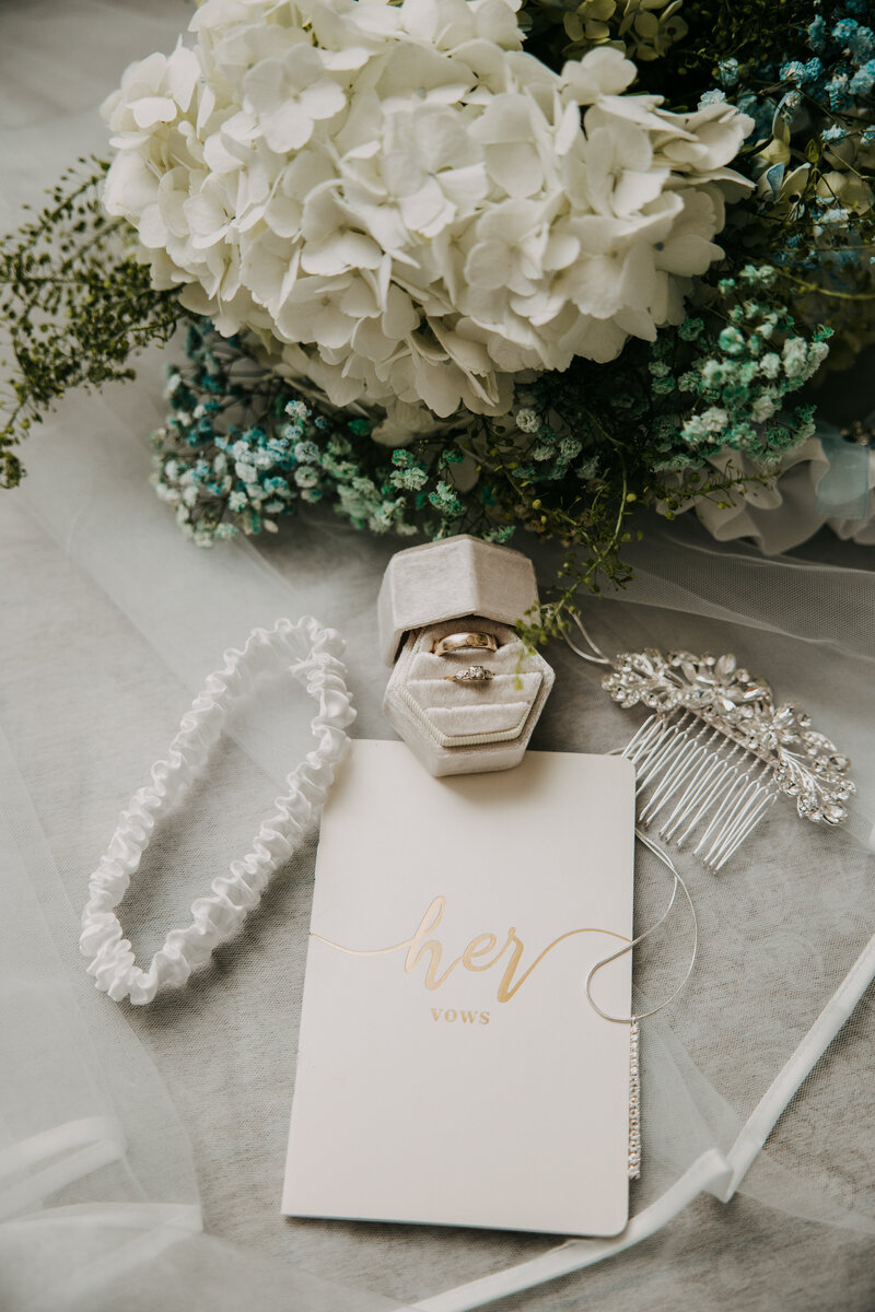 Elegant wedding flat lay featuring a white bouquet, wedding rings, ring box, delicate garter, and soft veil for a timeless bridal detail shot.