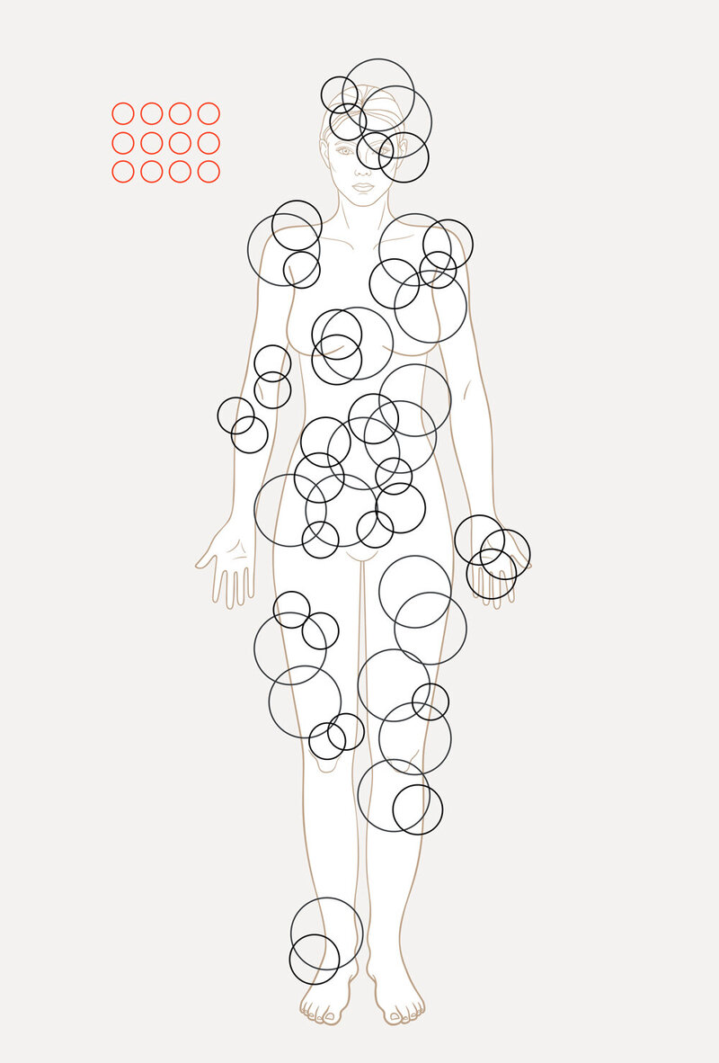 Diagram of a woman's body, with multiple entities marked all over her. A dozen small red circles are beside her head, representing the lost souls following her around.