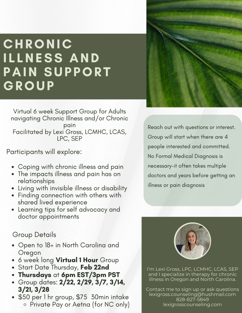 Image of a flyer with information for upcoming support group for folks with chronic illness and/or pain.