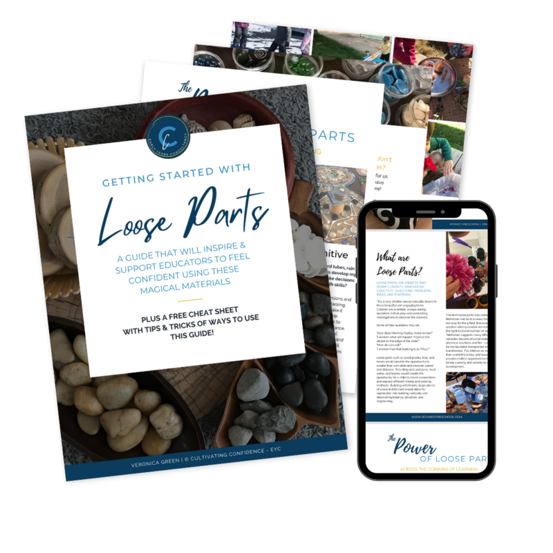 A mockup of a free guide titled 'Getting Started with Loose Parts' designed for educators. The guide includes detailed inventory lists, storage ideas, and parent resources to support educators in using loose parts play. The image shows the guide cover and inside pages with visuals and text, highlighting the cognitive, social, emotional, and physical benefits of loose parts play.