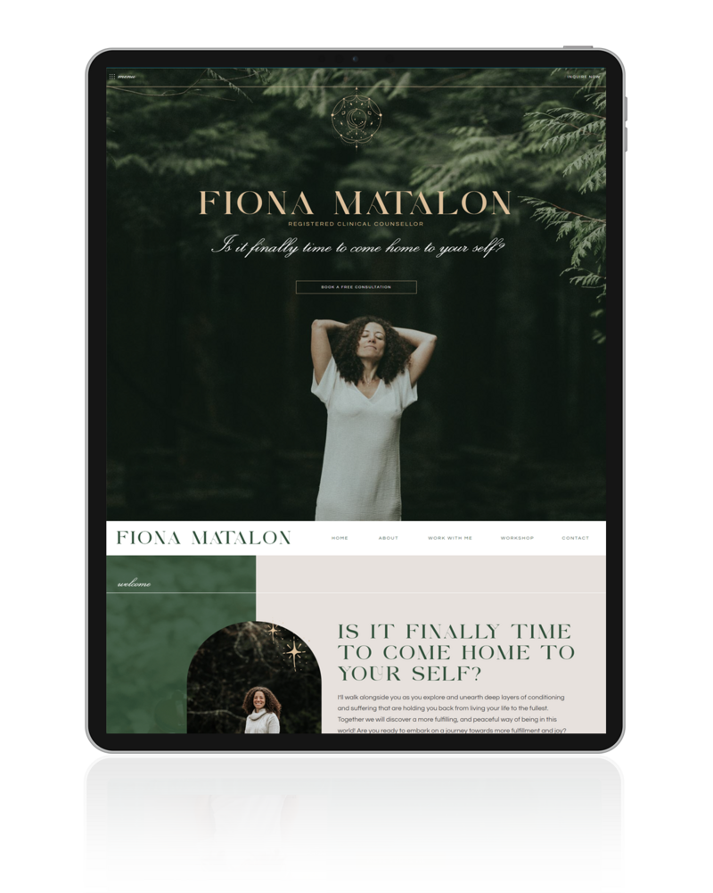 Explore Fiona Matalon's healing therapist website design on iPad, highlighting the intersection of creativity and digital innovation through website design for creatives.