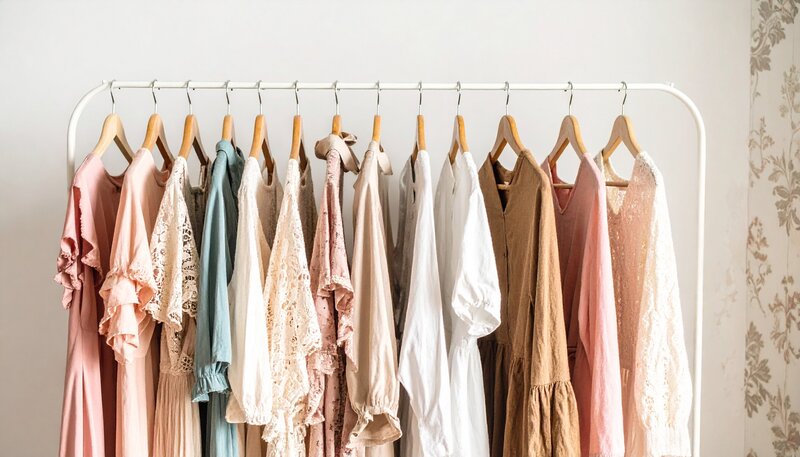 Neutral-toned women’s dresses on wooden hangers from Oaklynn & Ivy Co., faith-based southern boutique featuring timeless, feminine fashion.