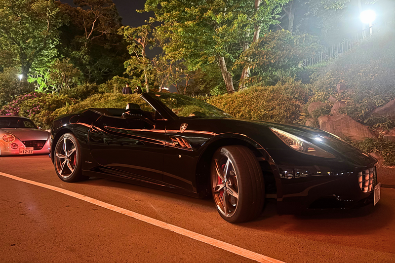 Side view of a sleek black Ferrari parked under warm street lighting, with greenery in the background on a Tokyo night.