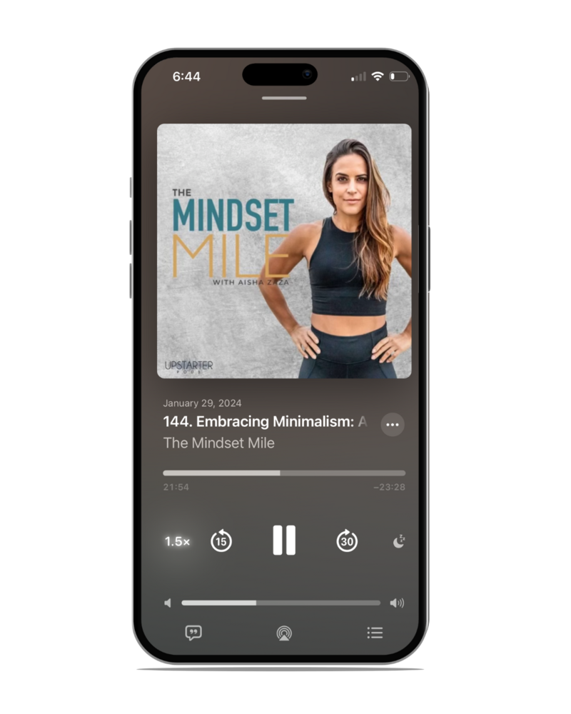 An iphone featuring an episode being played on the Mindset Mile Podcast.