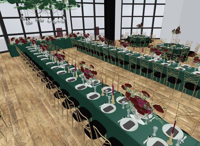 A 3D rendering of a wedding designed by Frid Events featuring long harvest green guest tables with burgundy flowers at Lago venue in Ottawa Ontario.