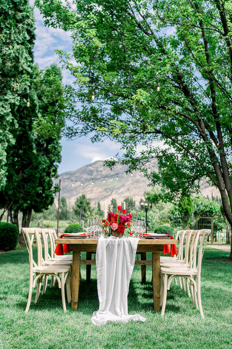 Tiffany Longeway Photography captures the stunning outdoor reception setup at Hans Fahden Vineyards in Calistoga, California. The elegantly arranged table with vibrant floral centerpieces and the picturesque mountain views create a breathtaking setting, ideal for couples seeking a beautiful and elegant venue for their wedding celebration.