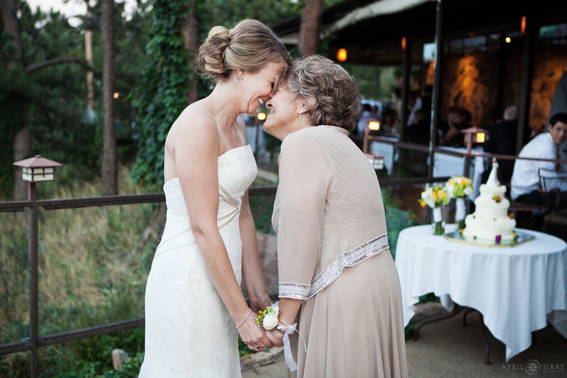 A bride and her mom have a sweet moment on her wedding day at Flagstaff House in Boulder CO