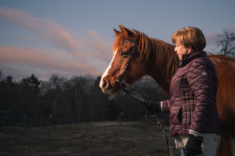 boston equine photo woman with horse at sunset