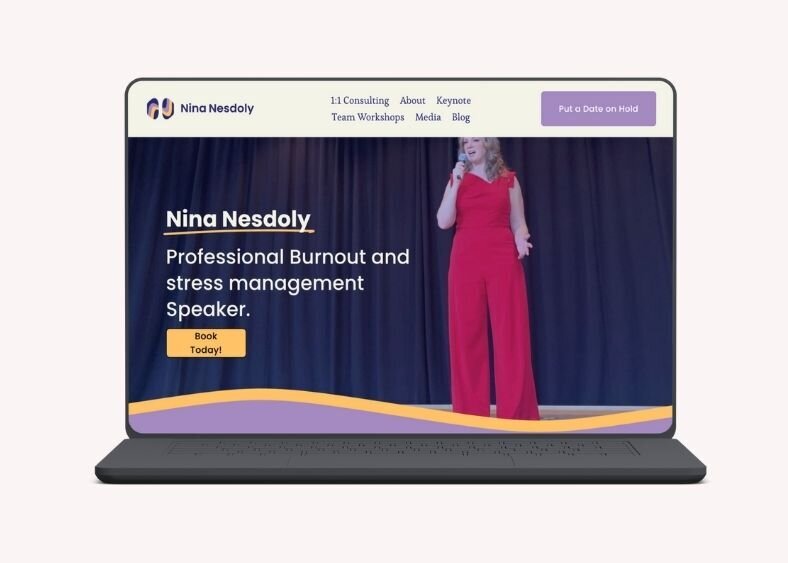 Website homepage featuring Nina Nesdoly as a burnout and stress management speaker.
